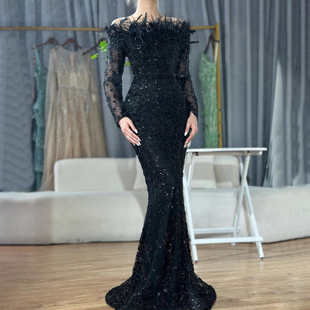 BKLD 2026 Black Off The Shoulder Feather Patchwork Long Sleeve Fishtail Dress Elegant Banquet Evening Dress Party Women Clothing