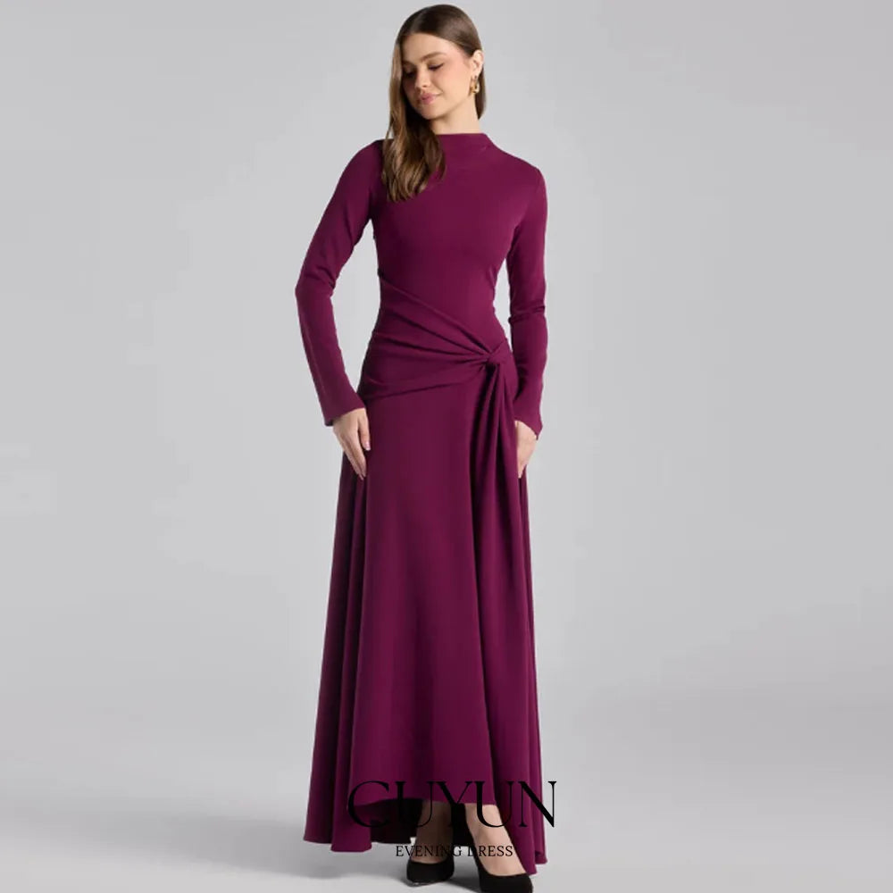 CUYUN Long Sleeves Elegant Wedding Guest Dresses Purple Crepe Draped Asymmetric Neck Maxi Dress Customized Party Gown 2026