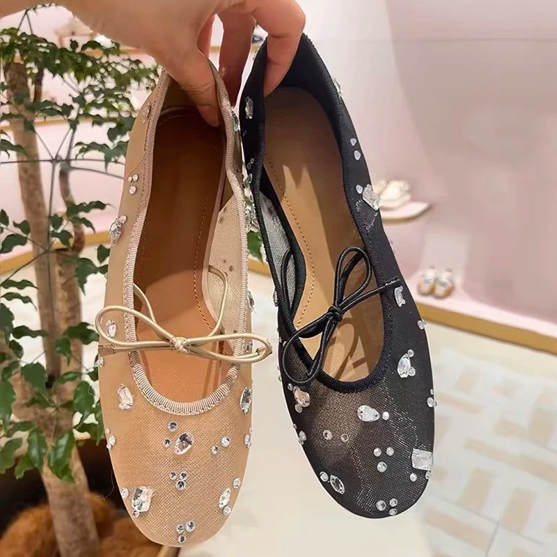 Summer Elegant Women's Sparkly Rhinestone Bow Mesh Block Low Heels Square Toe Ballet Pumps Wedding Party Dress Shoes For Ladies