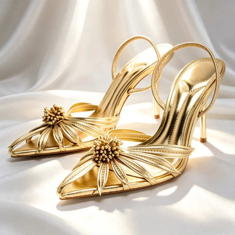 Luxury Gold Floral Detail Slingback Heels Women Unique Laminated Effect Design Pointed-Toe Heel Sandals Elegant Party Dress Shoe