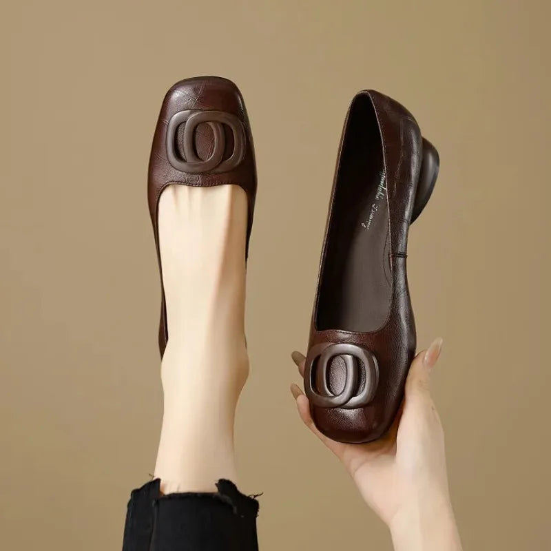 French Style Women Shoes Pumps Leather Shoes for Women Square Head Fashion Shoes Woman Footwear