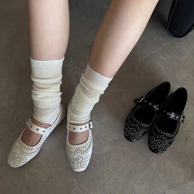 Retro Rivet Buckle Design Flats Women Round Toe Shallow Elegant Mary Jane Shoes for Ladies Fashion Brand Designer Casual Shoes