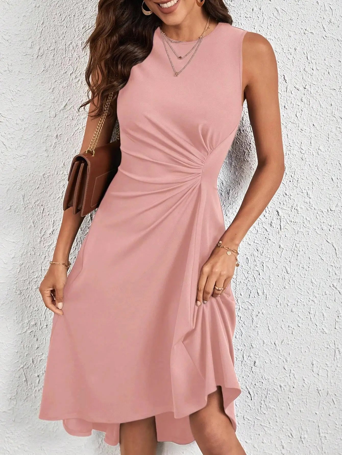 Women's Fashion Sleeveless Solid A-line Wrinkled Midi Dress Summer Female Red O-neck Party Dresses Vestidos Elegantes Para Mujer
