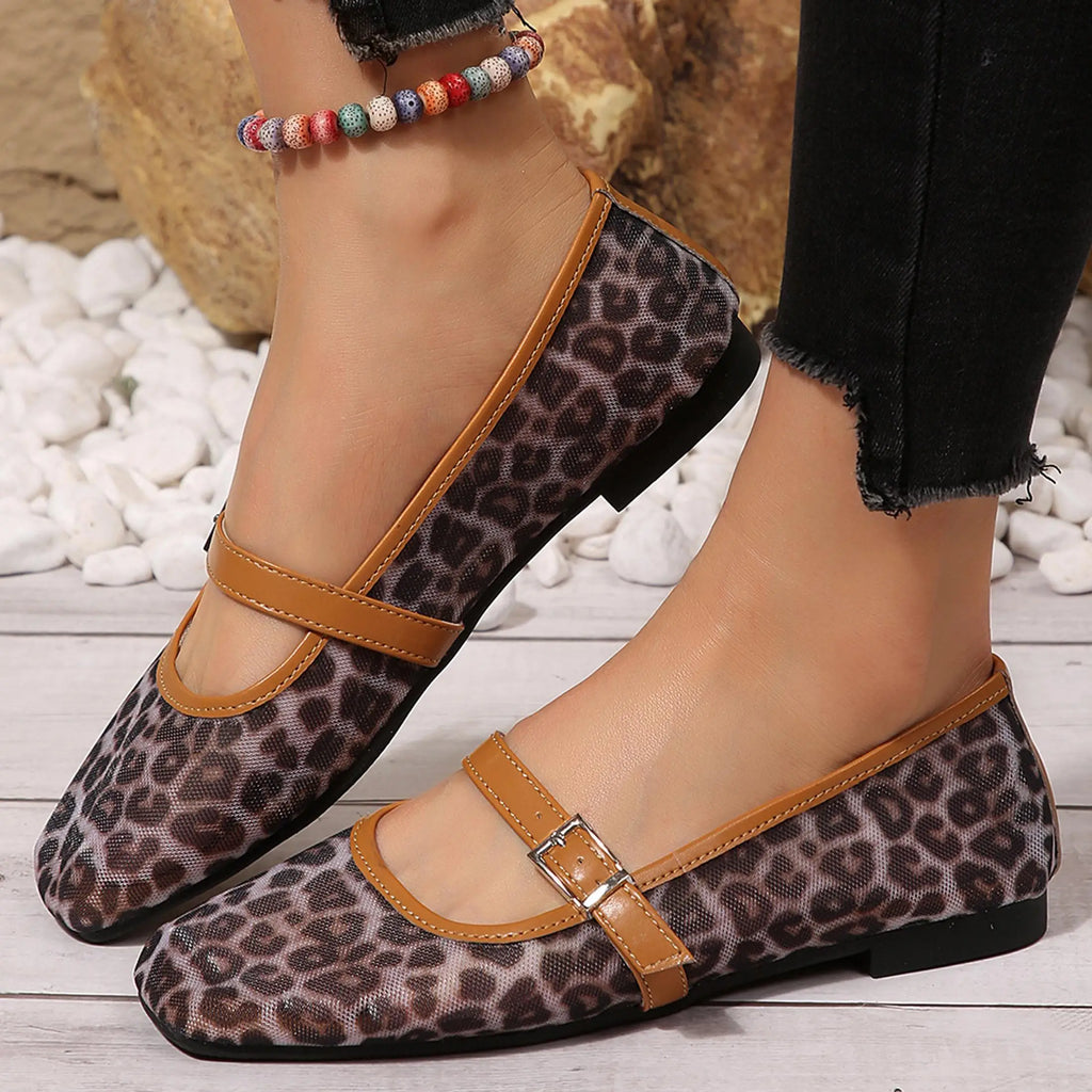 Women's Leopard Mesh Flats Square Toe Buckle Strap Breathable Summer Casual Shoes Springfresh