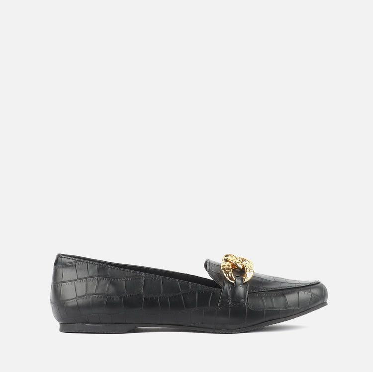 Women Gold Buckle Loafer Shoes (Size-7) (Color-BLACK)