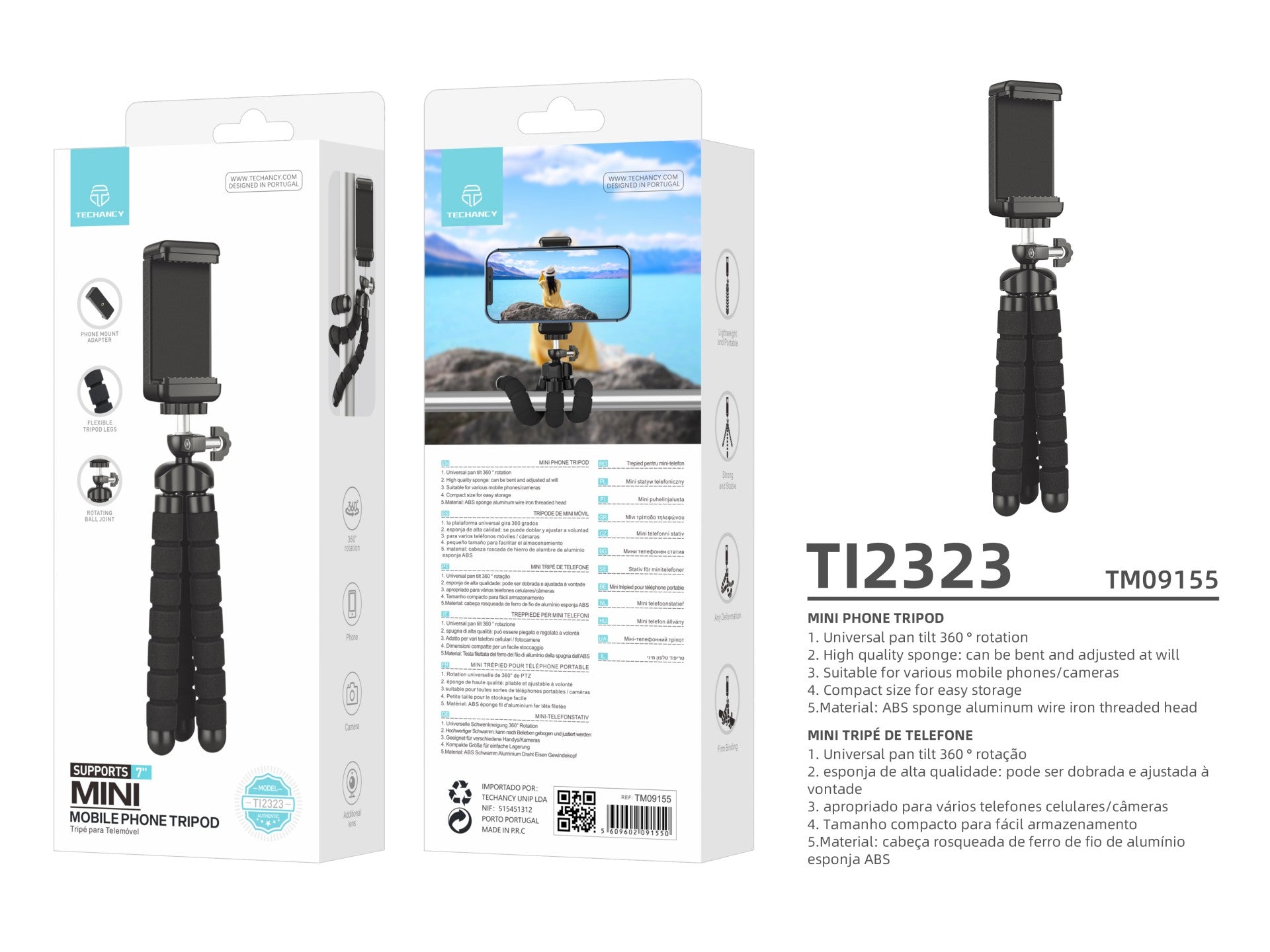 Techancy Mini Tripé Preto Ti2323 Com Pernas Dobráveis, Incl. Cabeça