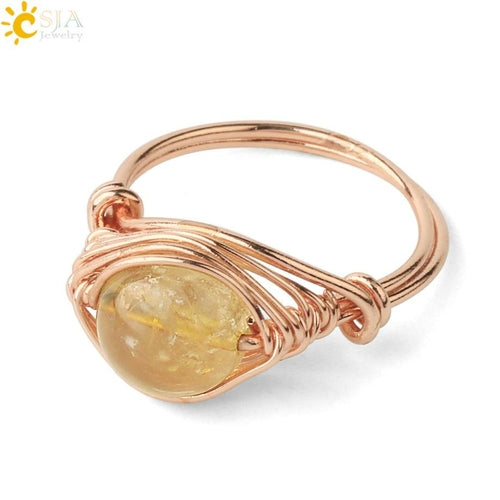 CSJA Round Bead Natural Stones Ring Rose Gold Color Wire Wrap Handmade