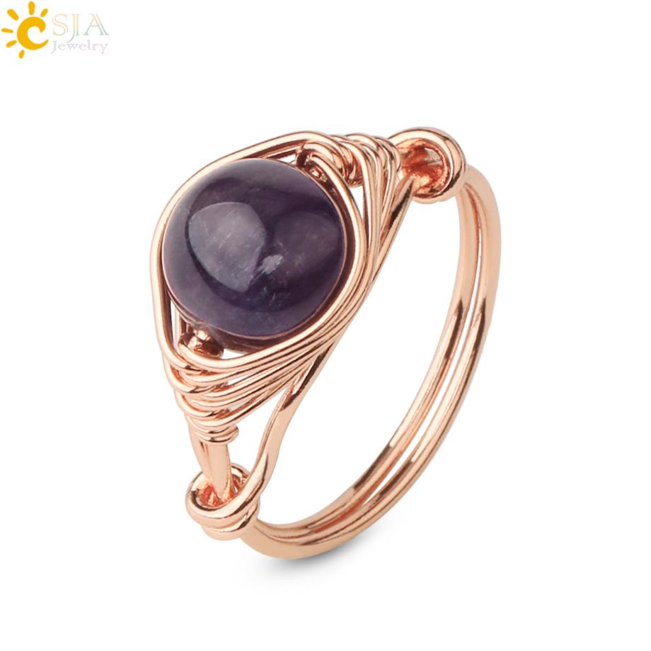 CSJA Round Bead Natural Stones Ring Rose Gold Color Wire Wrap Handmade