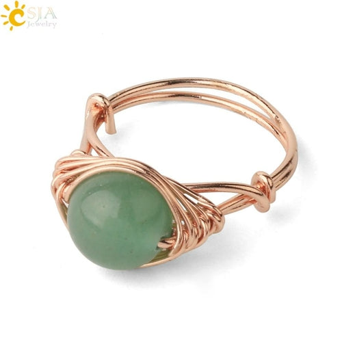 CSJA Round Bead Natural Stones Ring Rose Gold Color Wire Wrap Handmade